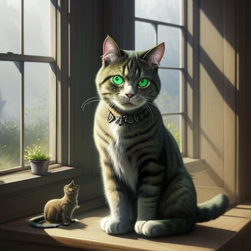 Fantasy Cat on Windowsill in Misty Sunlight