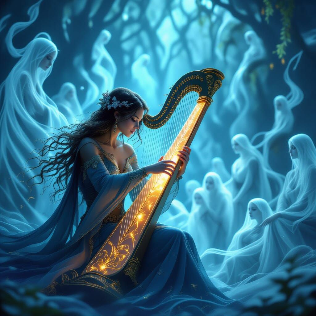 Bard Plays Luminous Harp for Ethereal Spirits