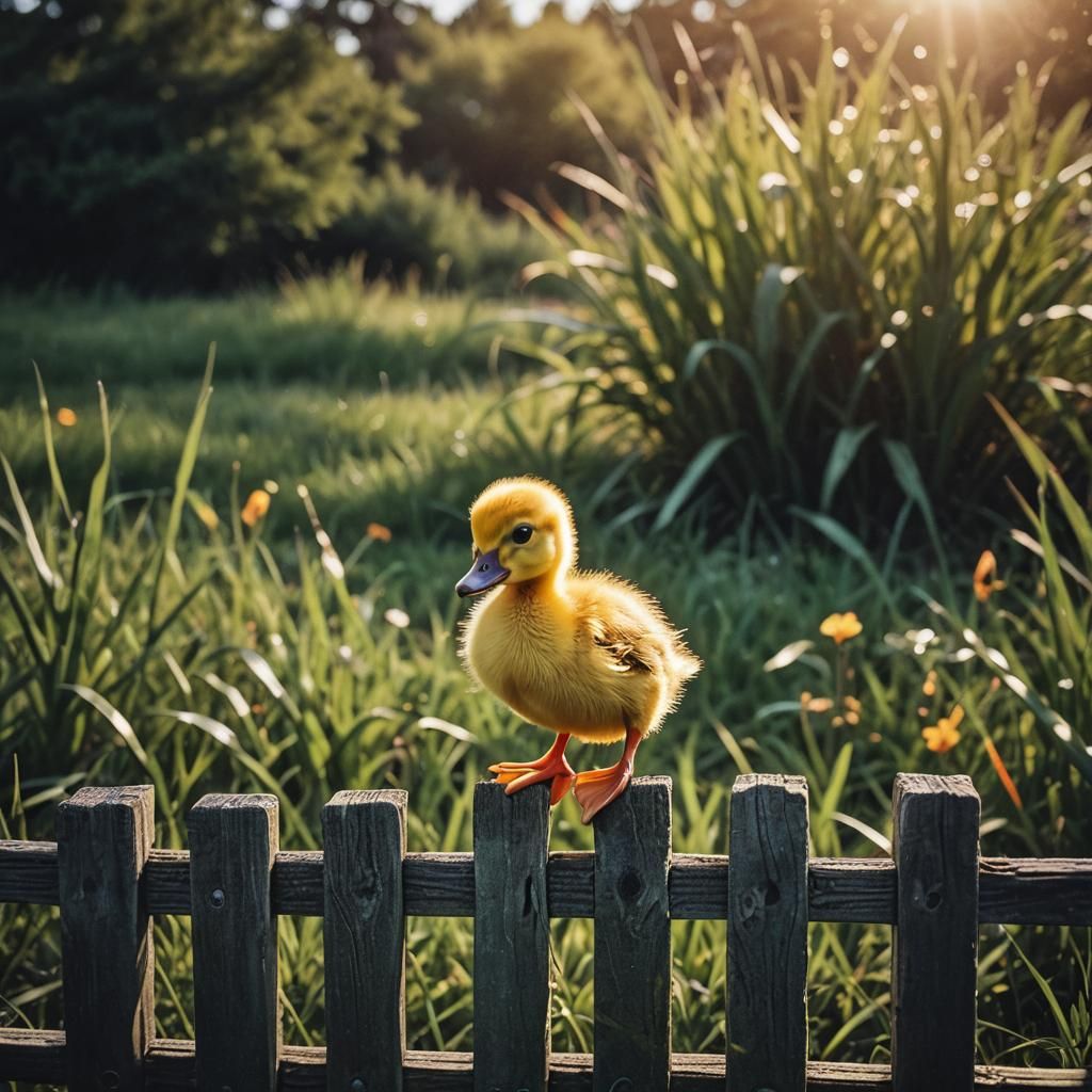 Cute Yellow Duckling on Fence in Cinematic Style