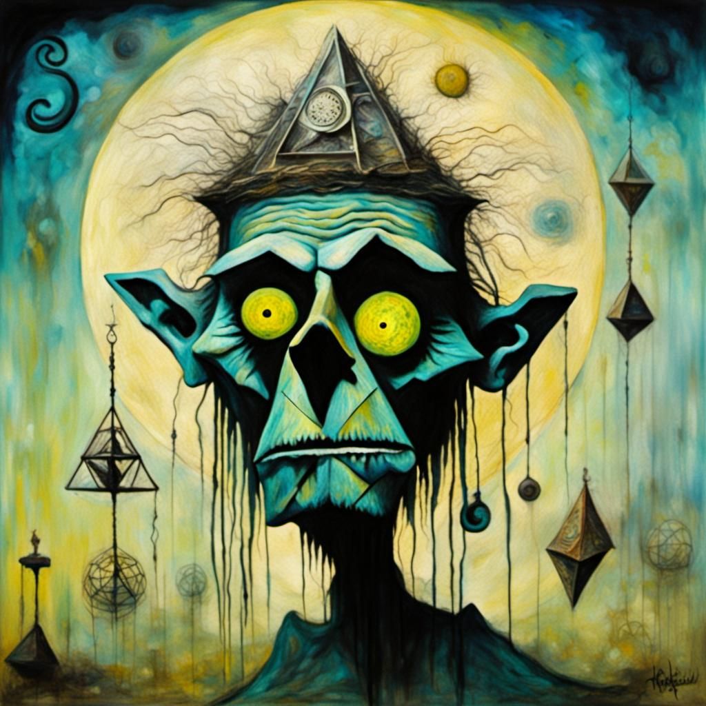 Surreal Shrunken Head in Chemtrails Futurism