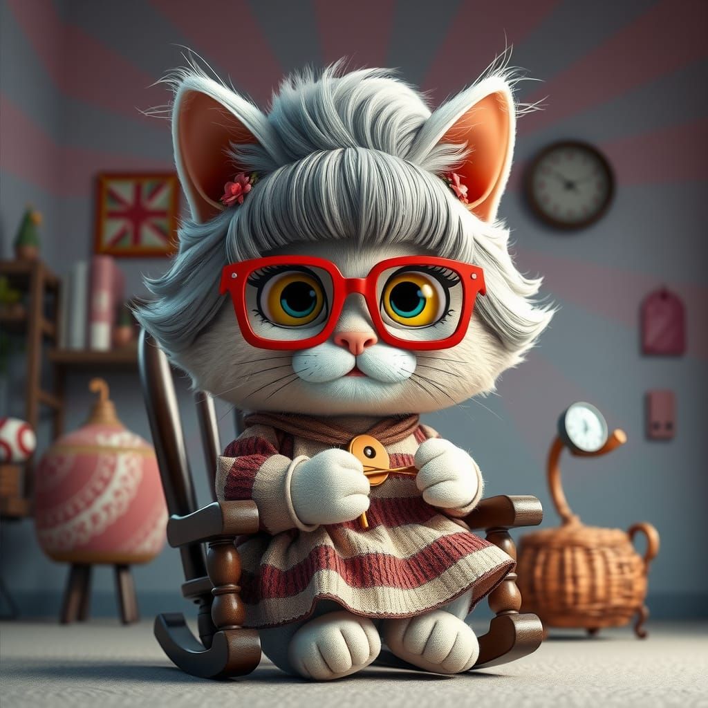 Chibi Granny Cat Knitting: 3D Digital Art