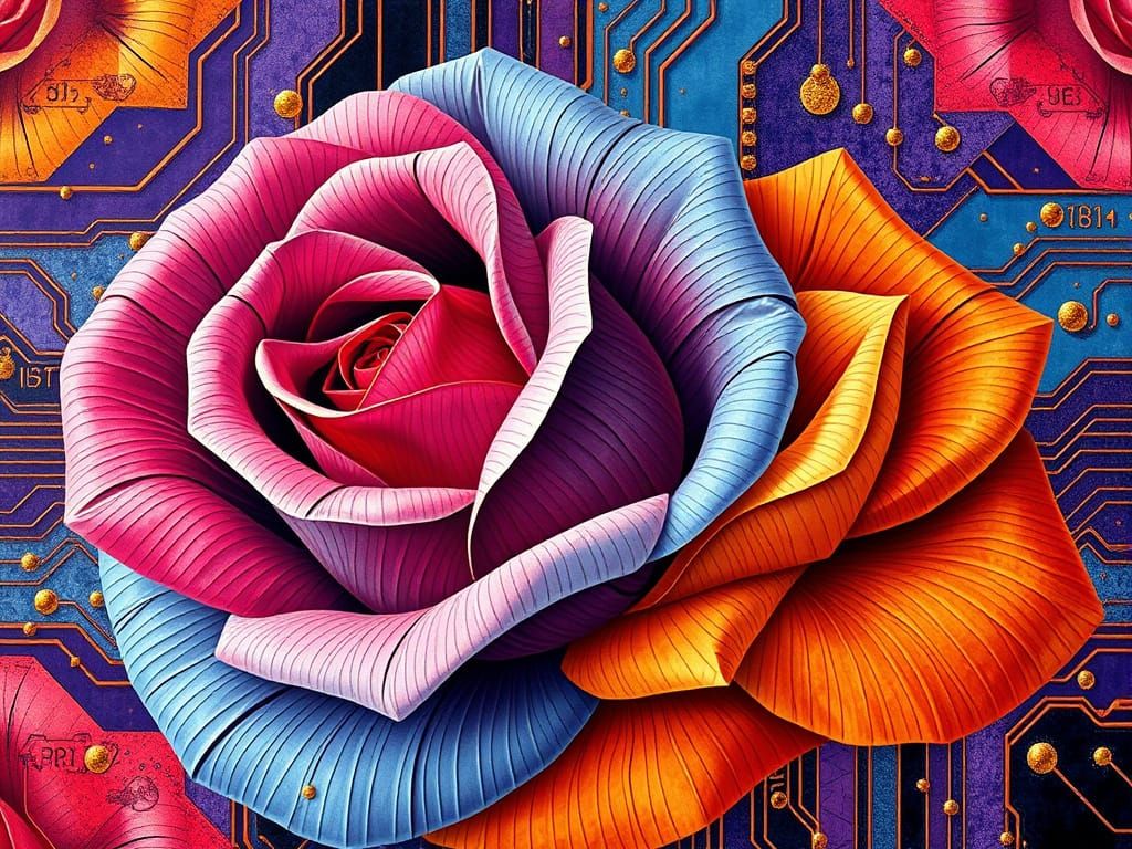 Geometric Abstraction of Vibrant Roses and Circuitry in Gold...
