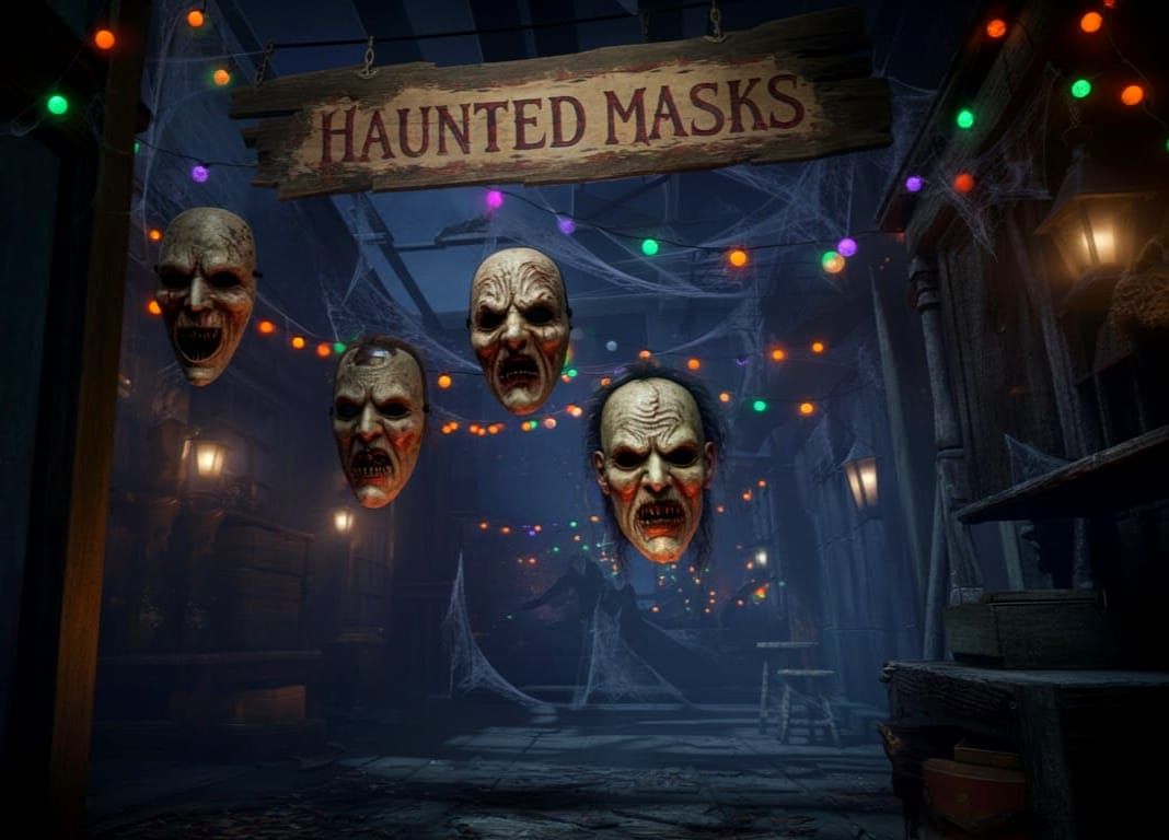 Scary Masks Float in Haunted HorrorLand Shop