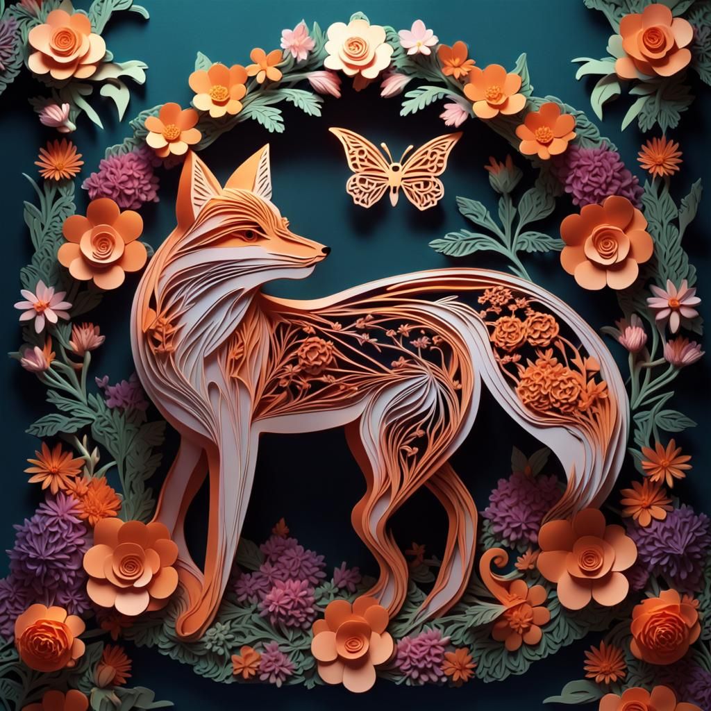 Intricate Kirigami Fox with Flowers and Butterfly
