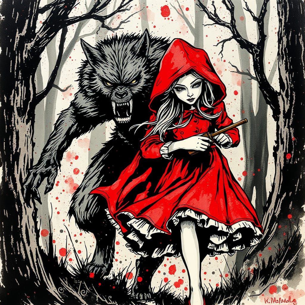 Fierce Red Riding Hood in a High Contrast Impasto Painting