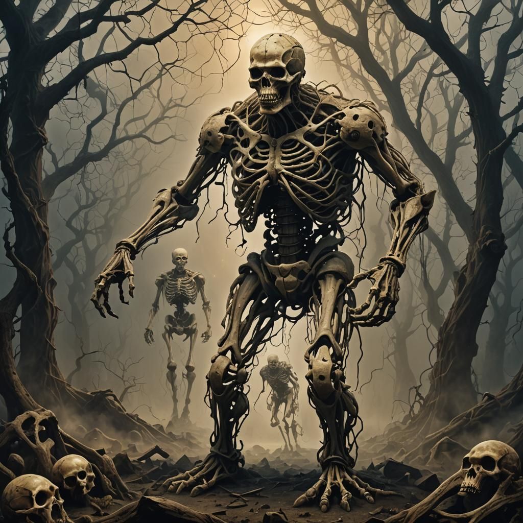 Bone Golem in Eerie Fog, Surreal Horror Art