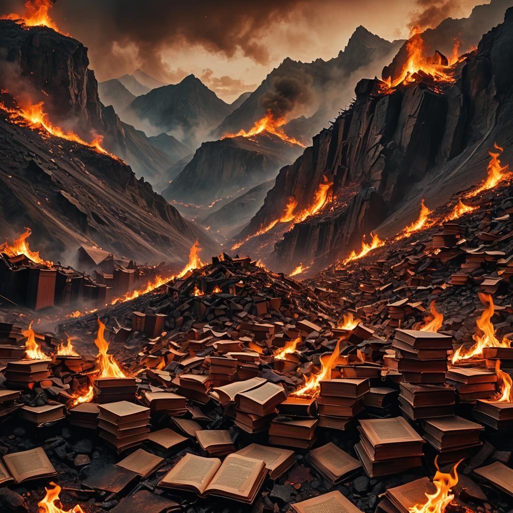Inferno of Knowledge: Surreal Book Burning Landscape
