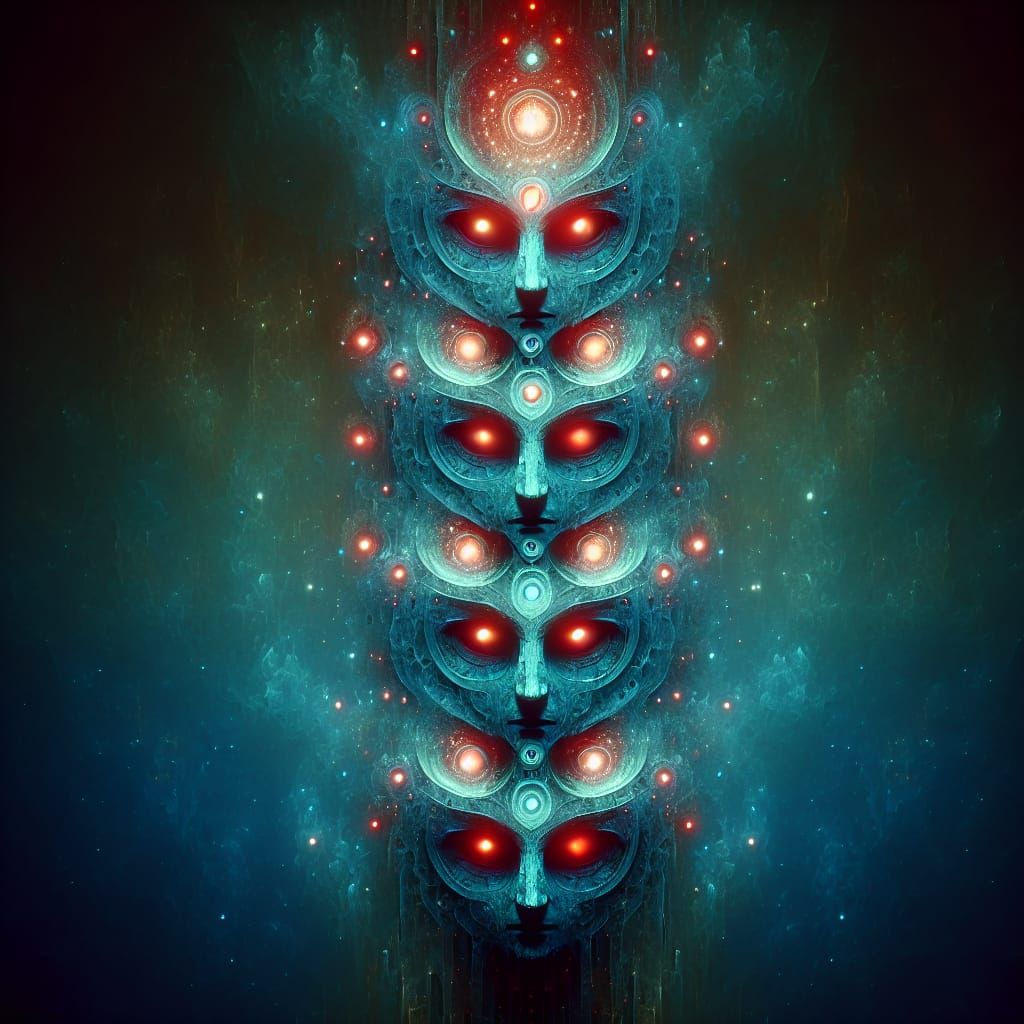 Mystical Totem with Glowing Eyes in Turquoise and Blue