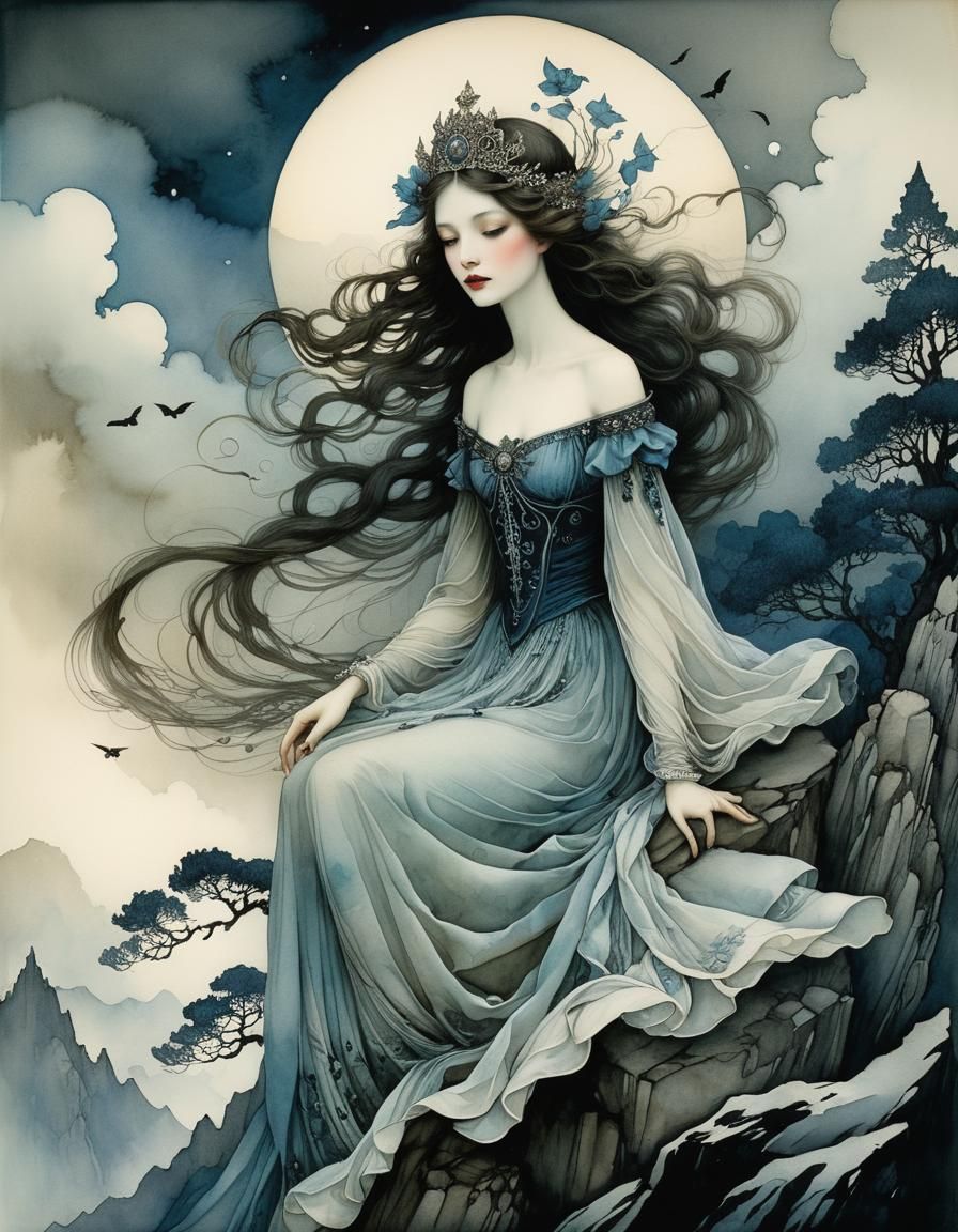 Delicate Watercolor Princess on Mount Olympus