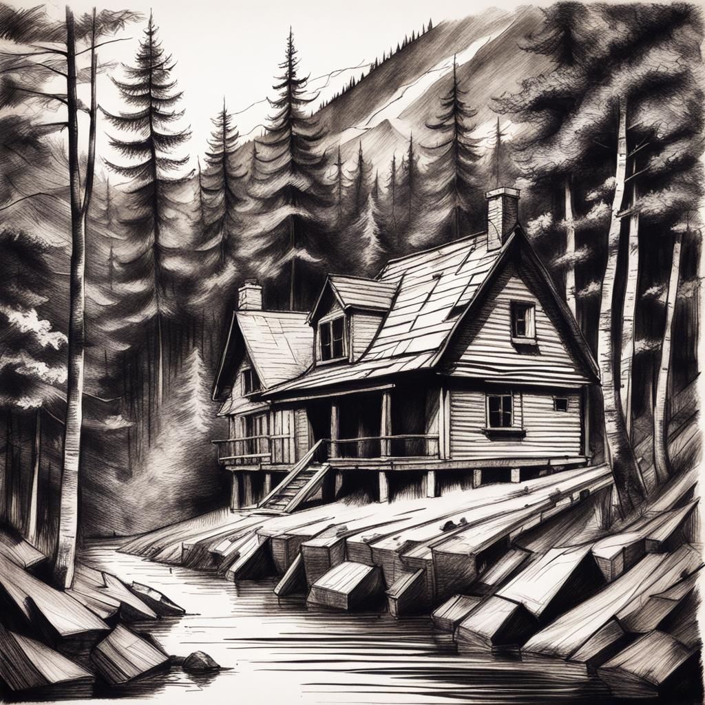 Mountainside Home in Woodland: Charcoal Pencil Illustration