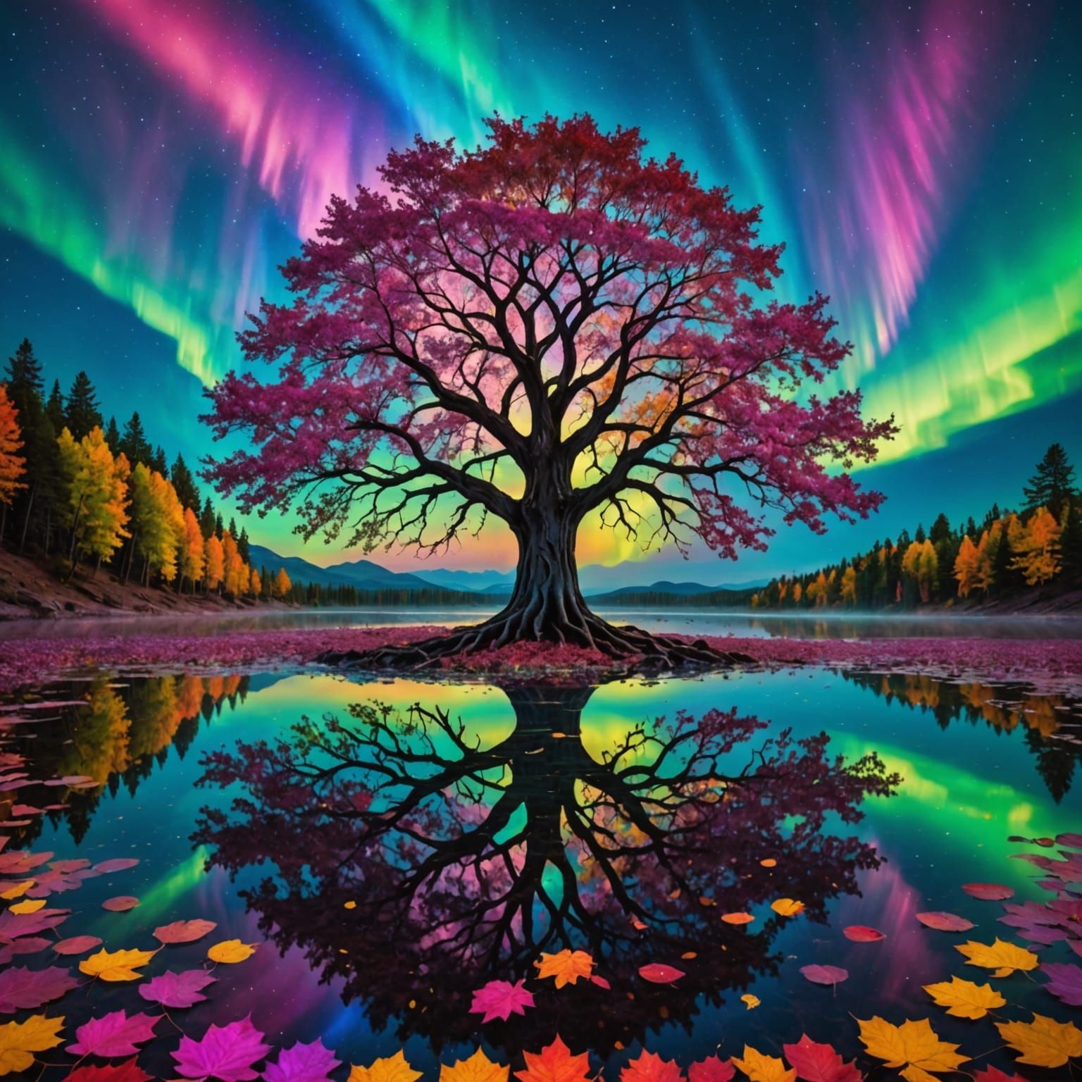 Radiant Tree with Multicolored Leaves in Dreamlike Landscape