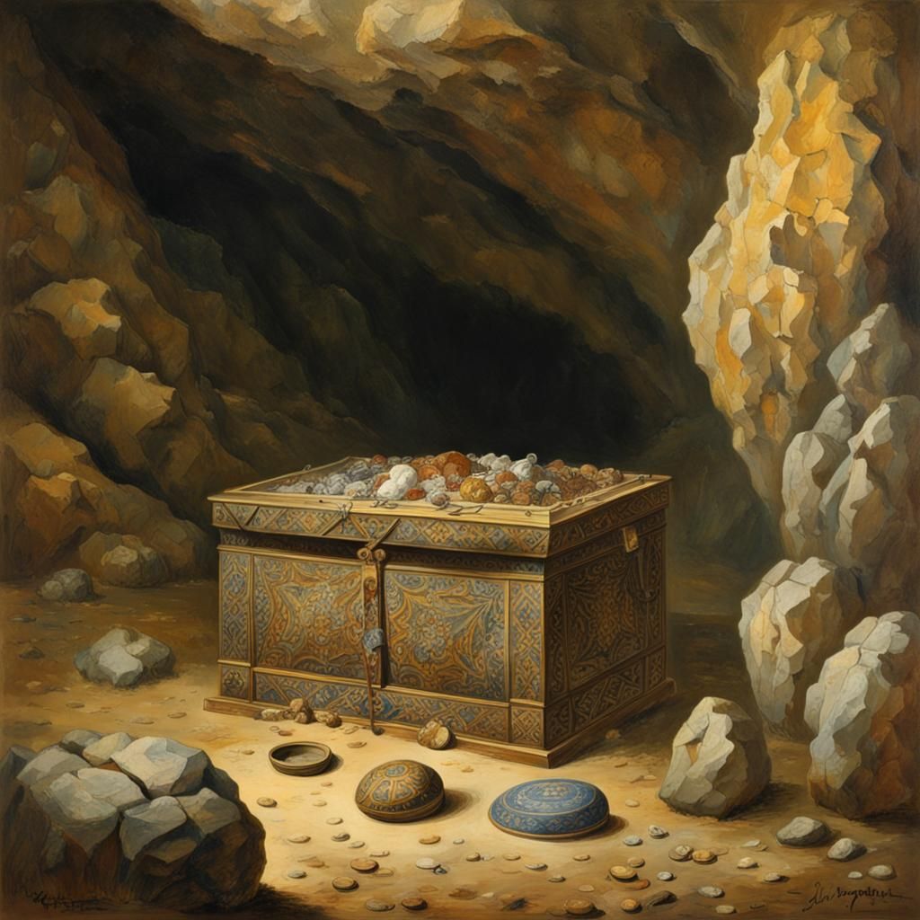 Treasure Chest in Cave with Gold and Jewels