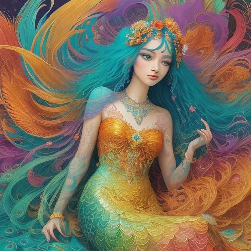 Peacock Mermaid in Abstract Impressionist Style