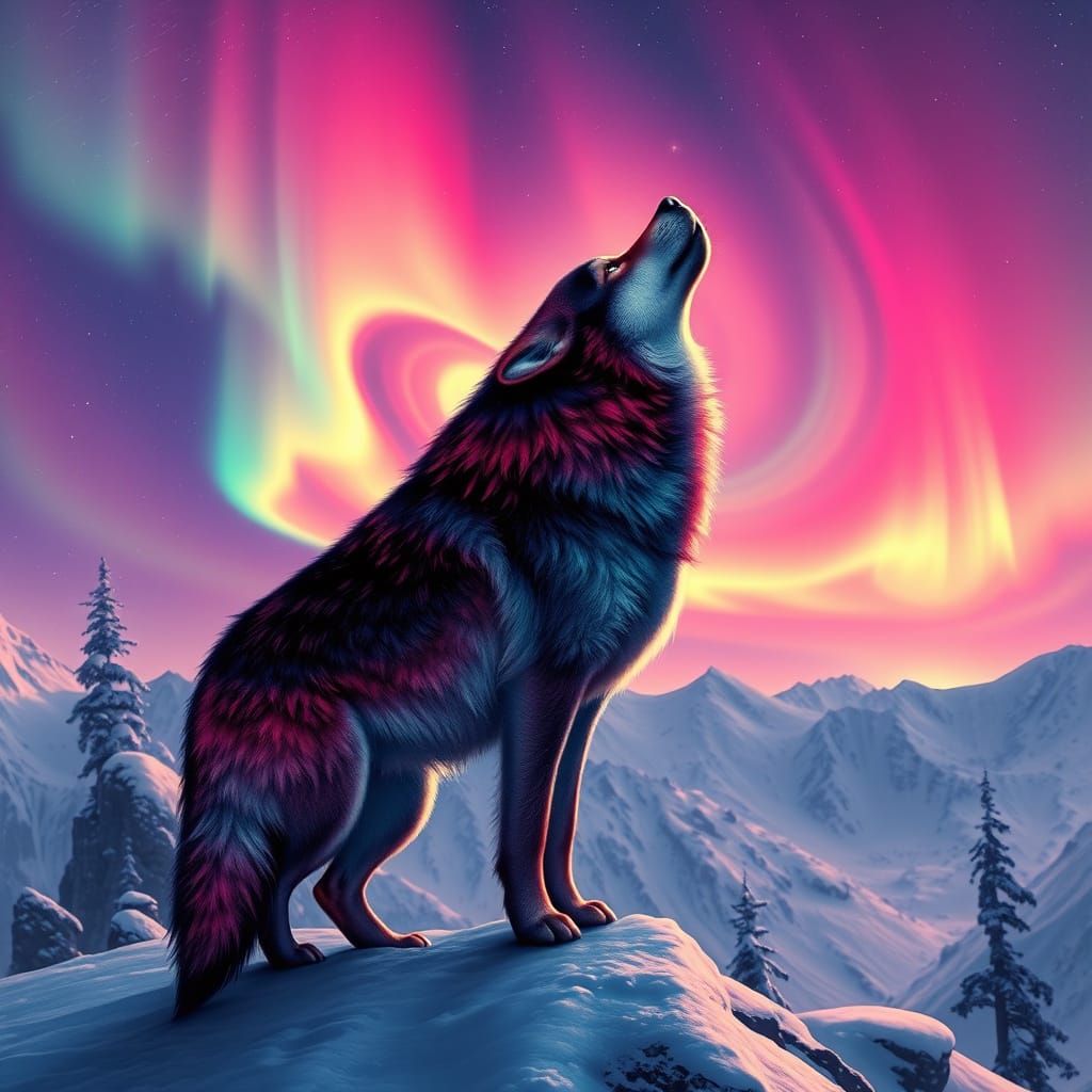 Majestic Dog Silhouetted Against Vibrant Aurora Borealis