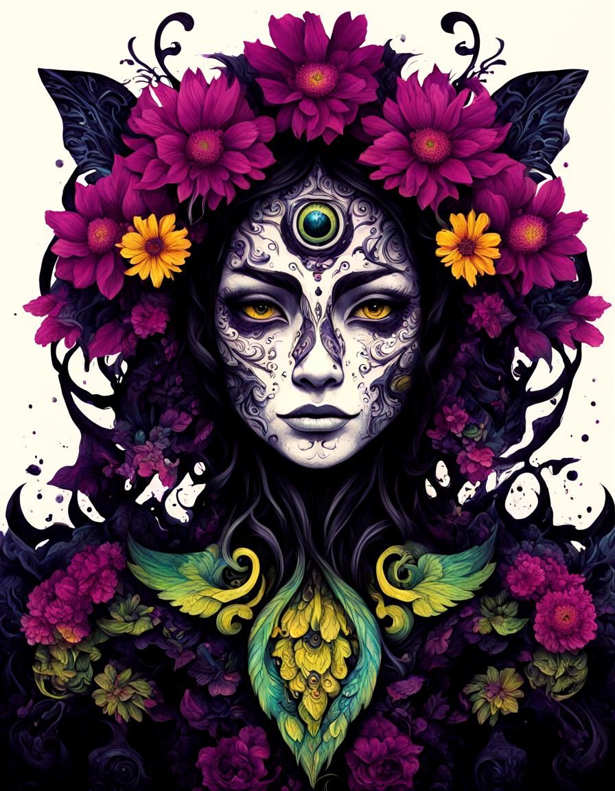 Psychedelic Plant Monster Ink Artwork with Tribal Tattoo Sty...