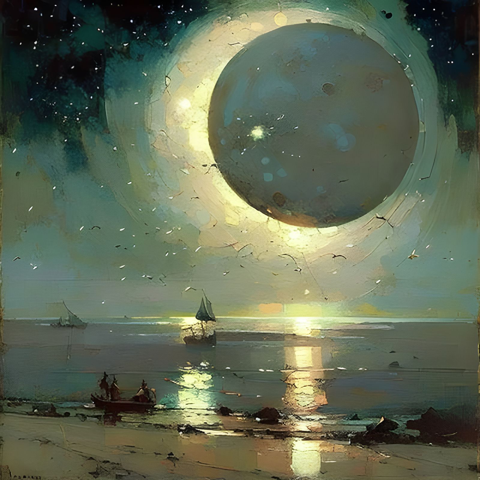 Starry Night Over Ocean Bay with Shooting Stars