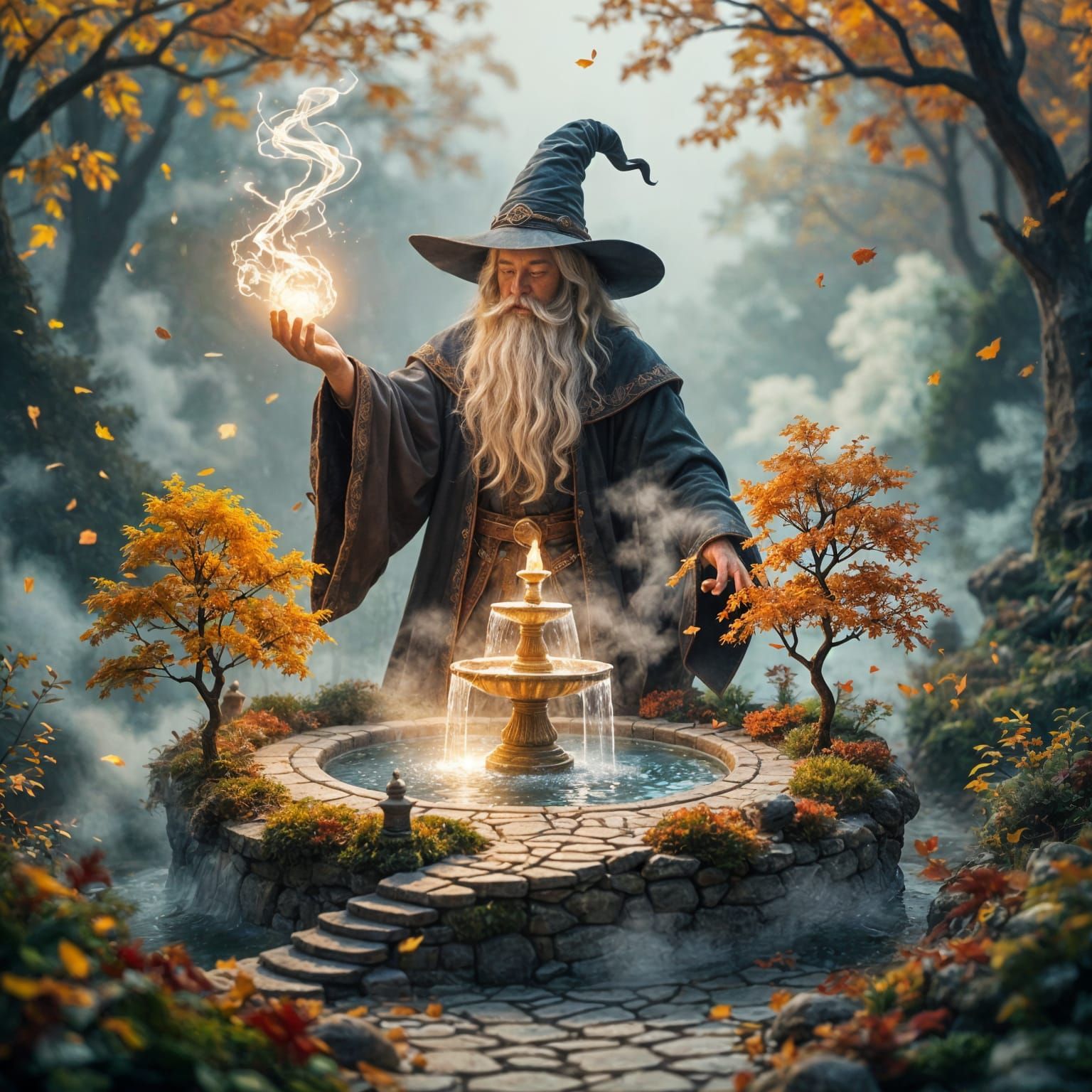 Wizard Conjures Miniature Autumn Park Amidst Ethereal Mist