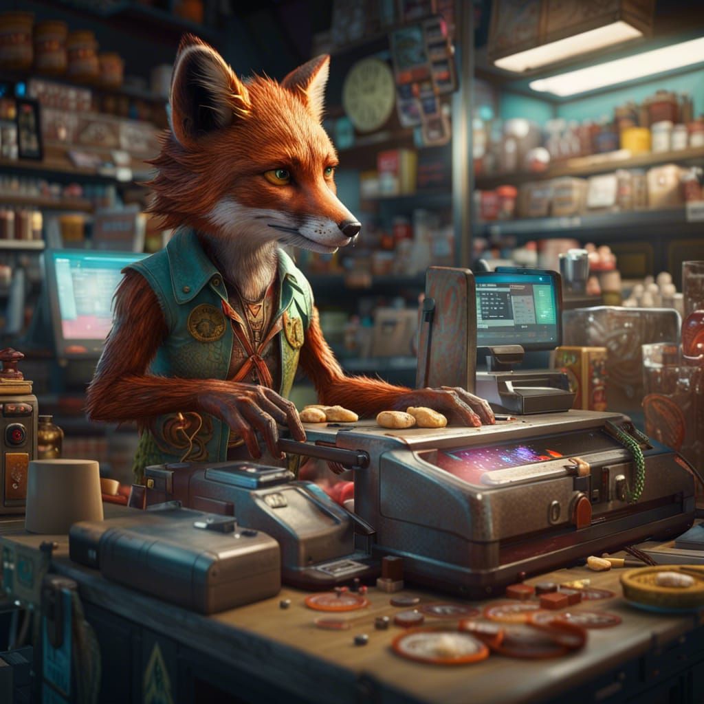 Smart fox shop owner selling items