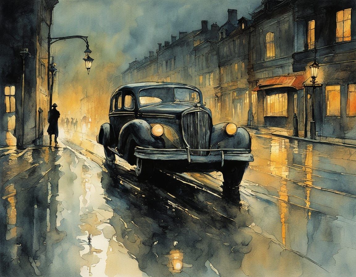 Classic Watercolor Scene with Warm Lamplight