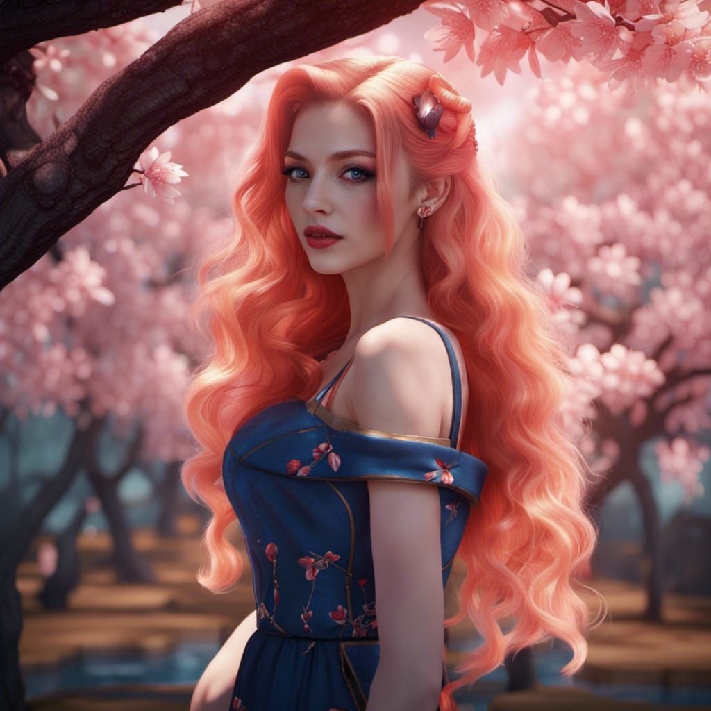 Woman with Peach Hair Under Cherry Tree