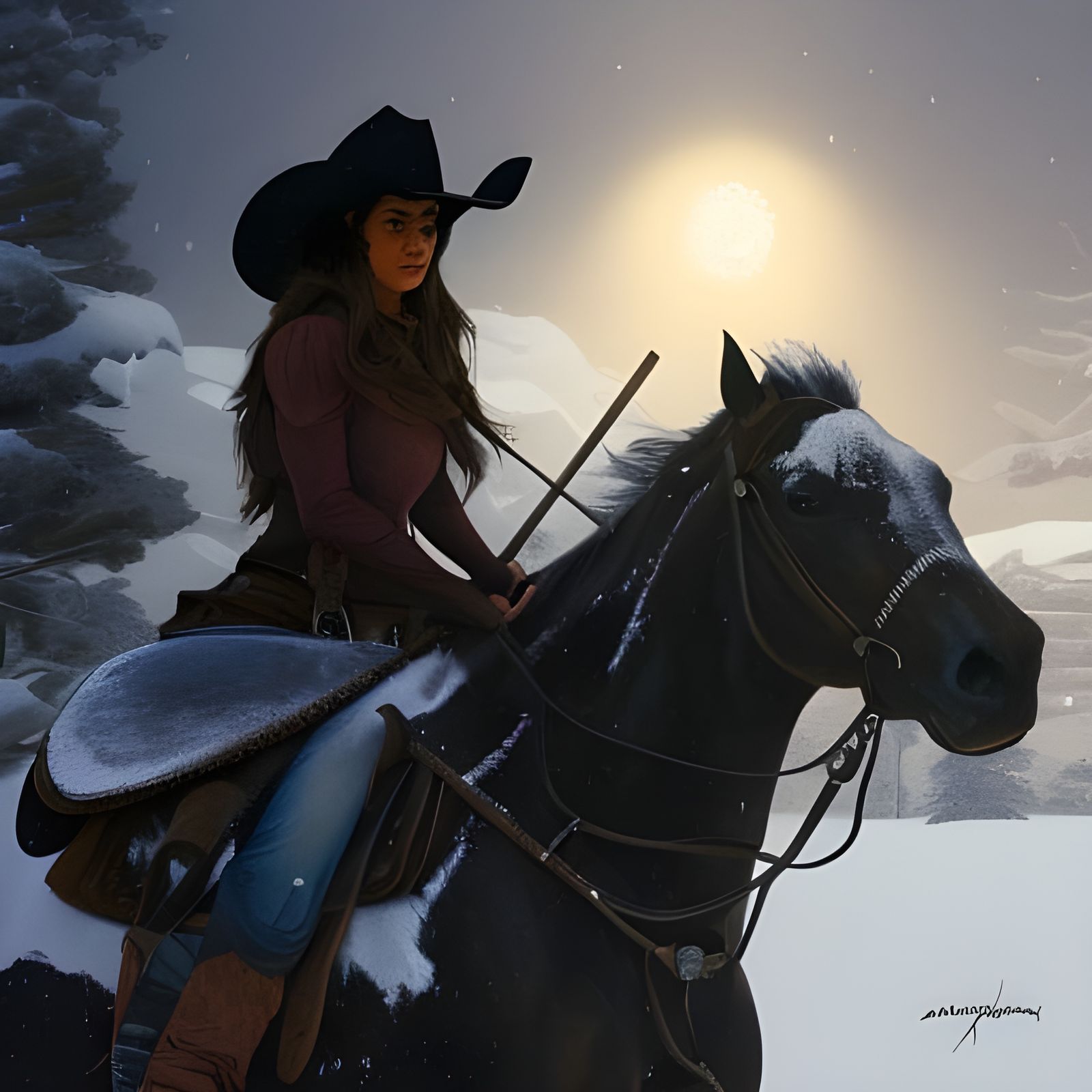 Cowgirl on Horse in Winter Landscape
