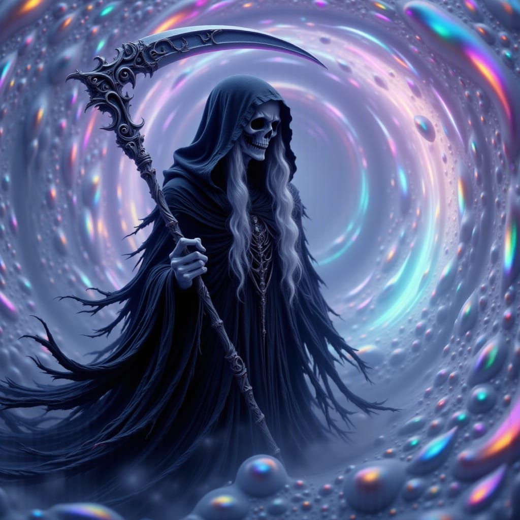 Ethereal Grim Reaper in a Dreamlike, Neon-Lit Aesthetic