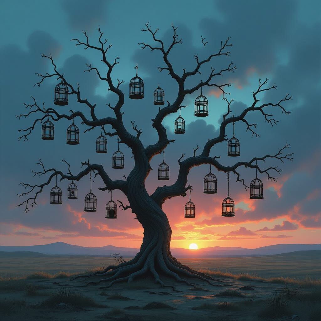 Ancient Tree with Birdcages in Twilight Landscape