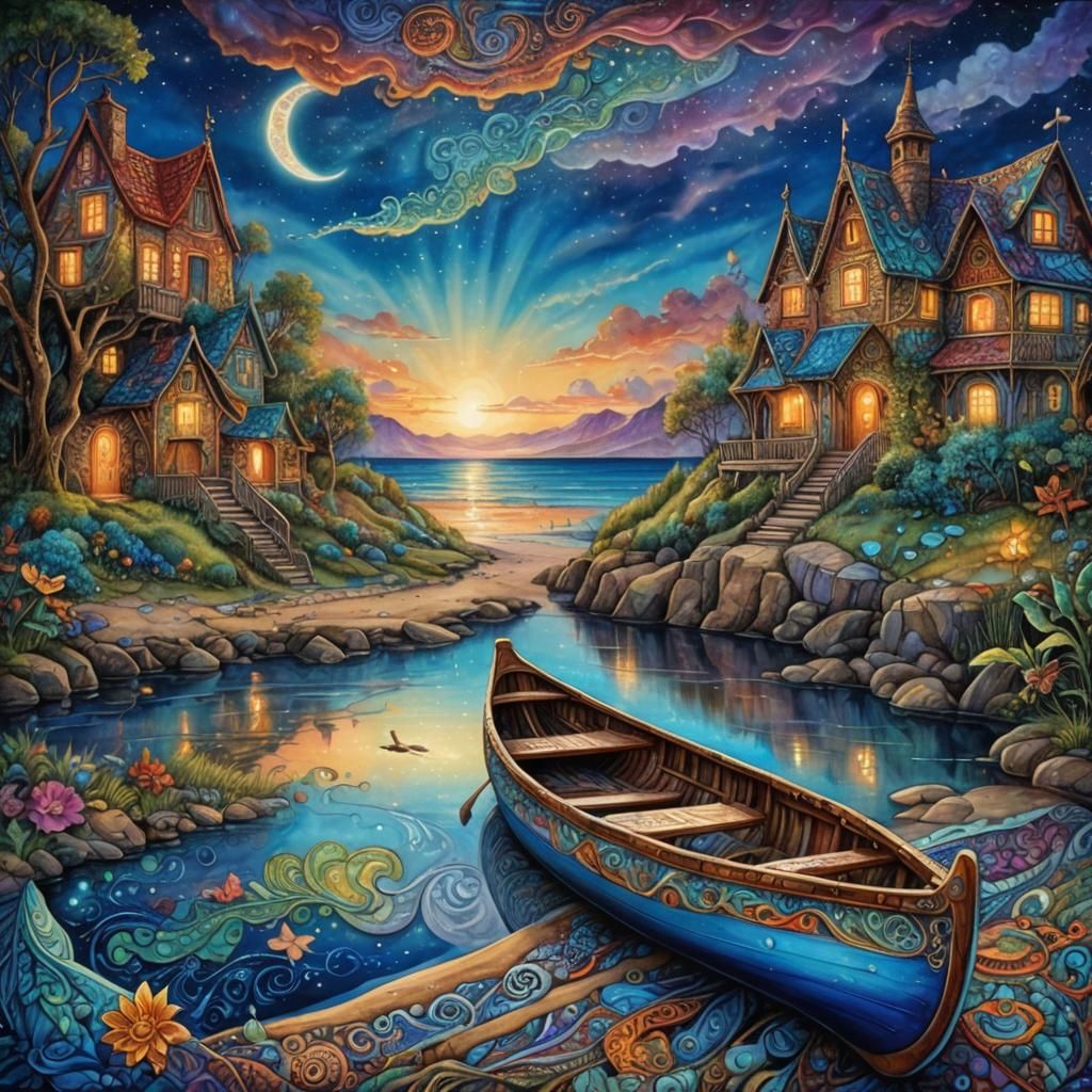 Fantasy Shoreline: Glowing Canoe with Zentangle Sky