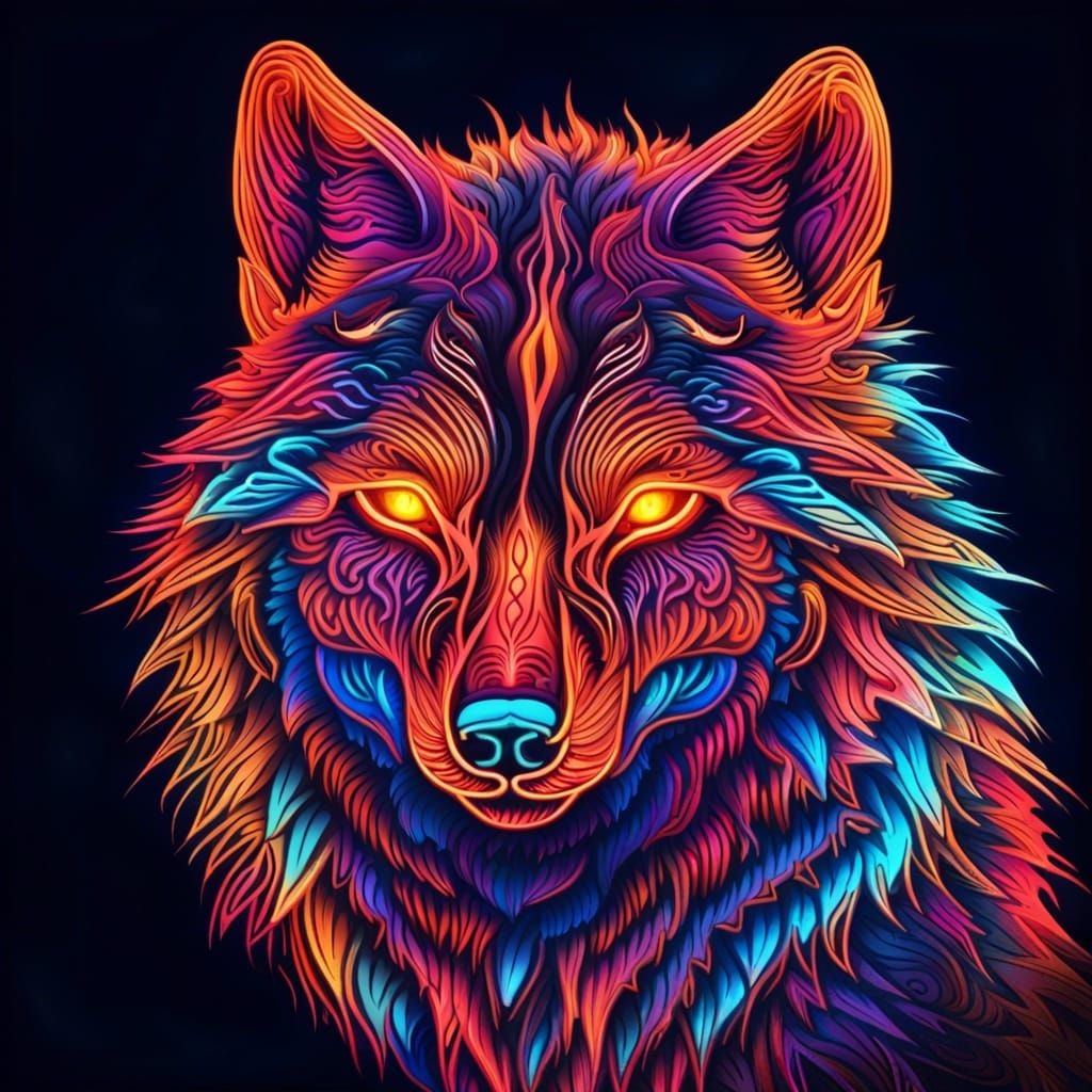 Glowing Wolf Portrait in Neon Tribal Colors