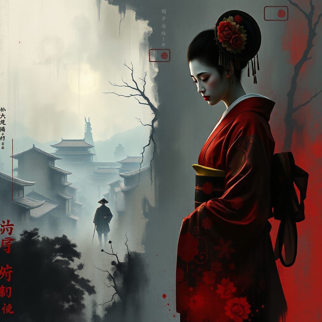 Geisha Visited by Samurai Spirit in Ethereal Impasto