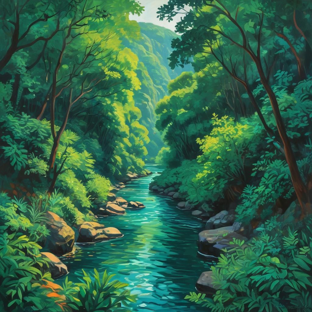Fauvist River Gorge Landscape Painting in Vivid Colors