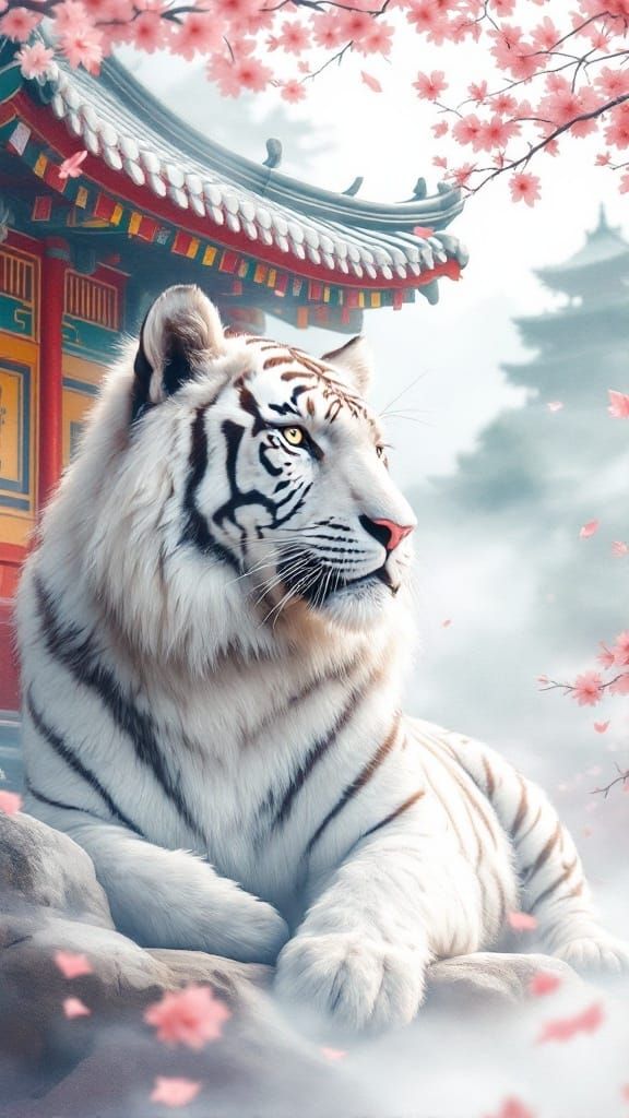 Regal White Tiger in Japanese Temple Setting