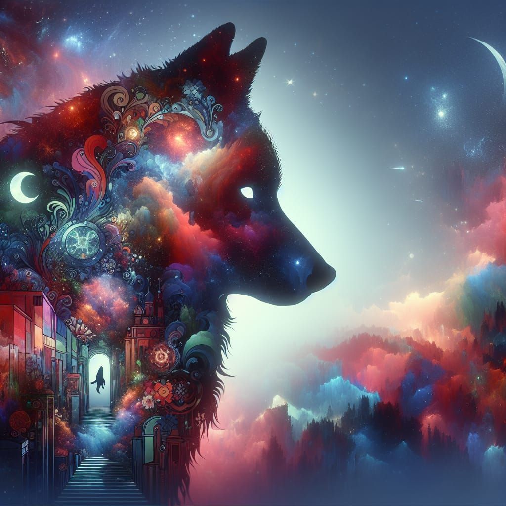 Cosmic Wolf Silhouette in Vibrant Double Exposure Wonderland