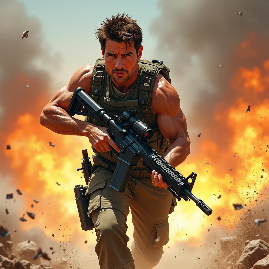 Action Hero Charges Forward in Explosive Scene