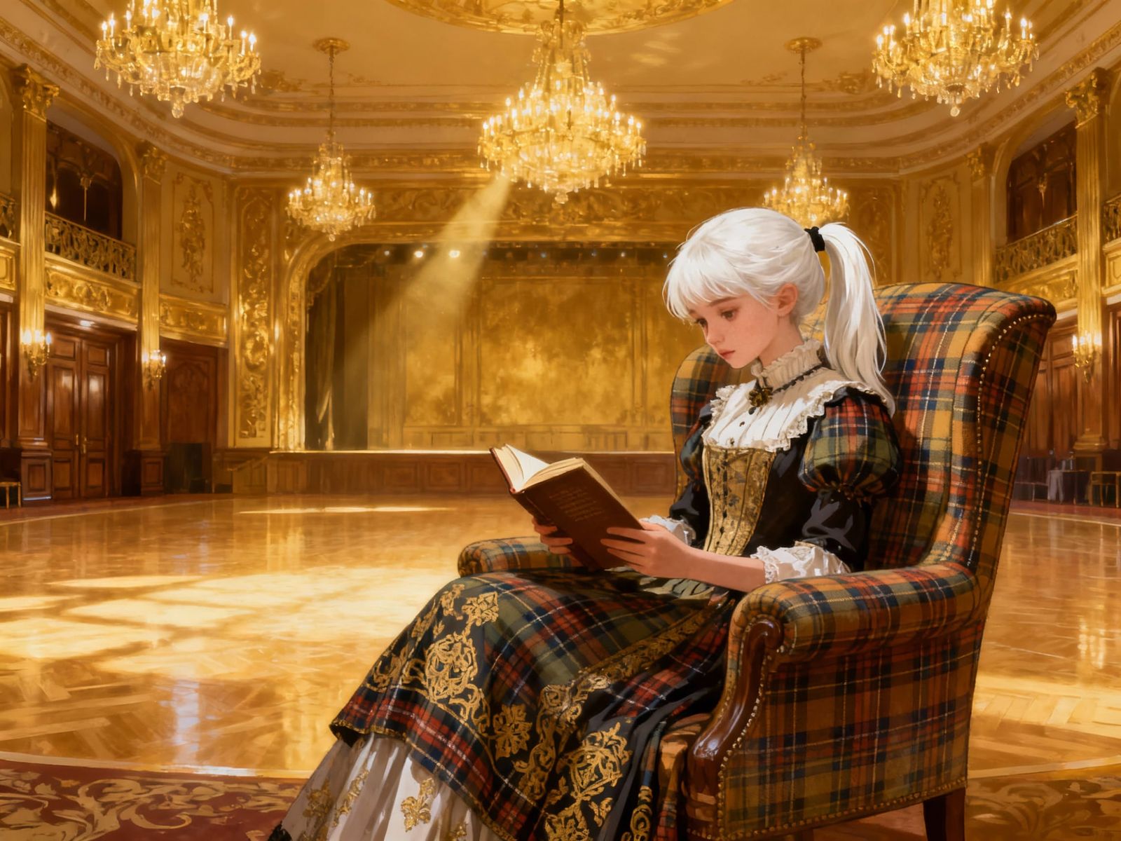 Victorian Girl Reading in Gold Ballroom