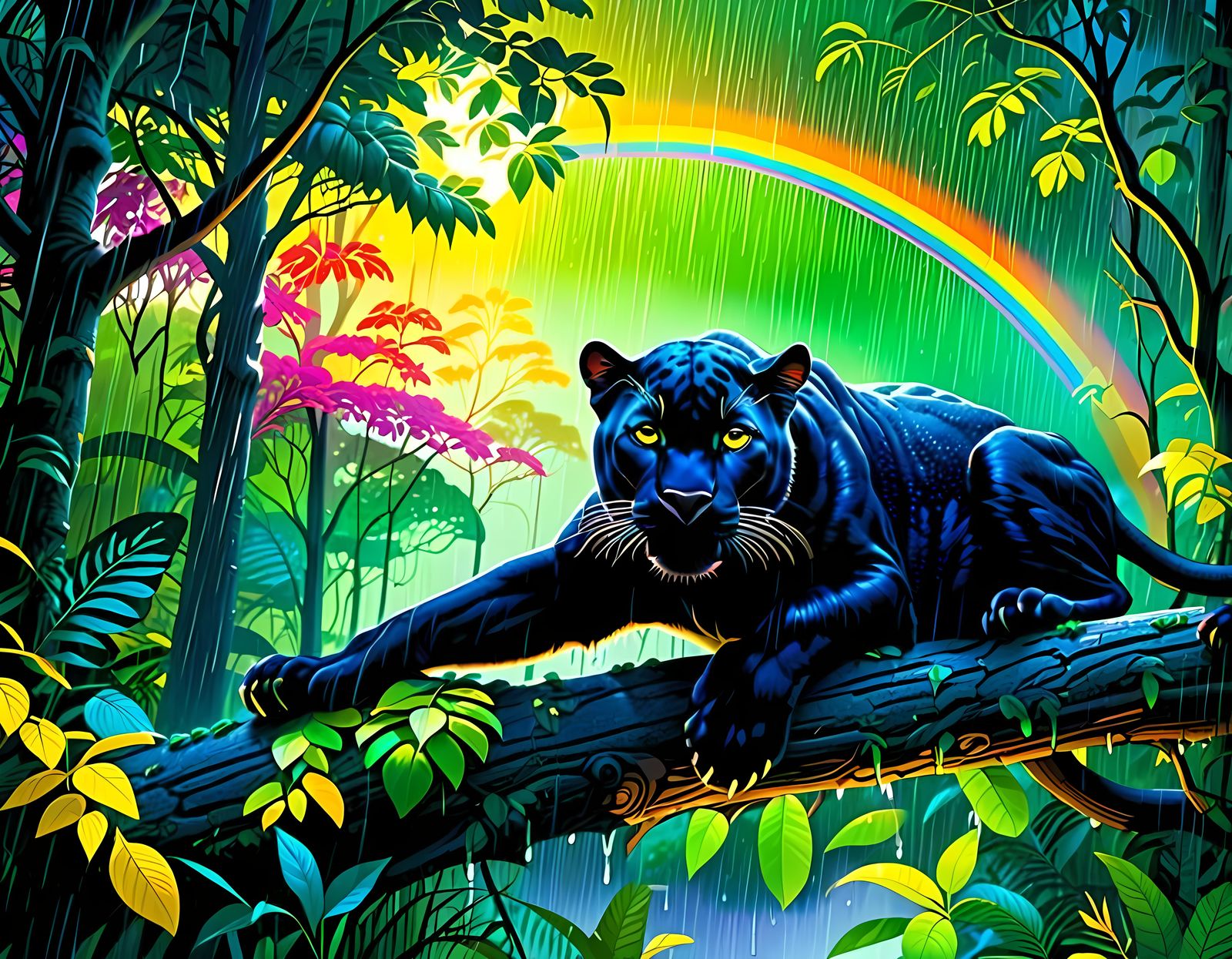Black Panther in Rainy Forest with Sunset