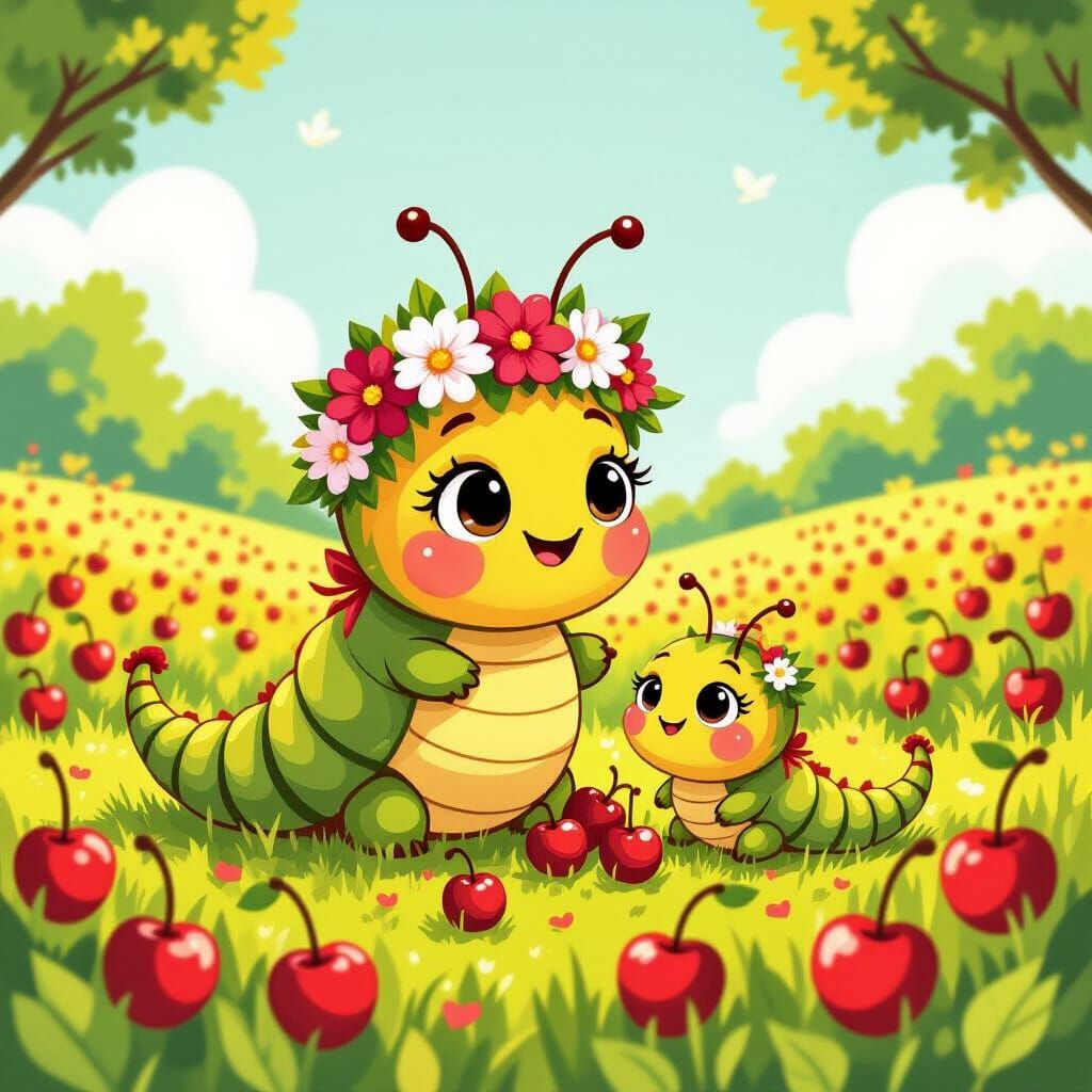 Cartoon Caterpillar Family in Cherry Field, Folk Art