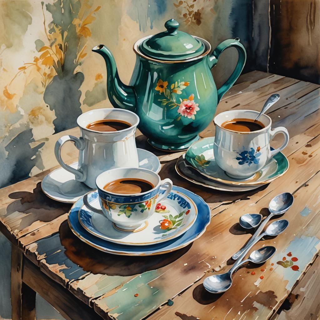 Rustic Coffee Pot Still Life in Gouache Style