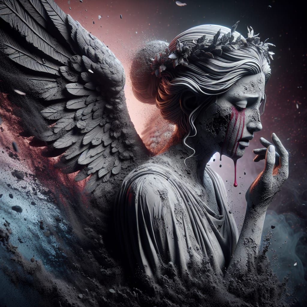 Monochrome Angel with Maroon Tears in Splash Art Style
