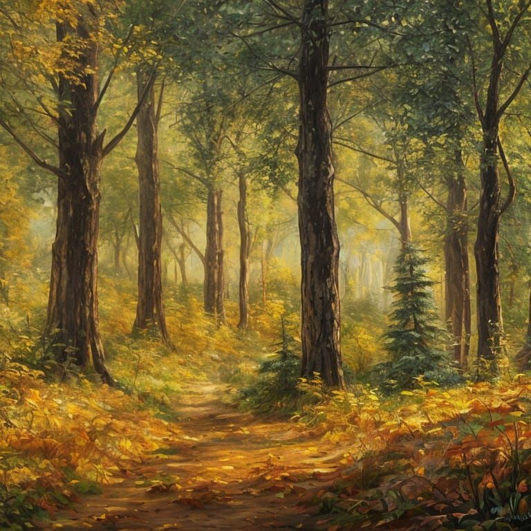 Elven Settlement in Autumn Forest Oil Painting