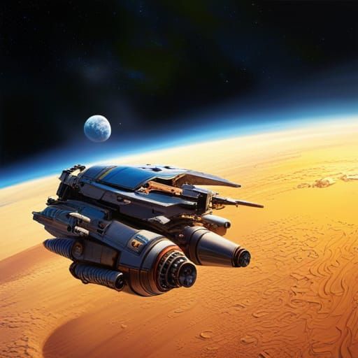 Dune Haulage Spaceship Orbiting Planet in Space