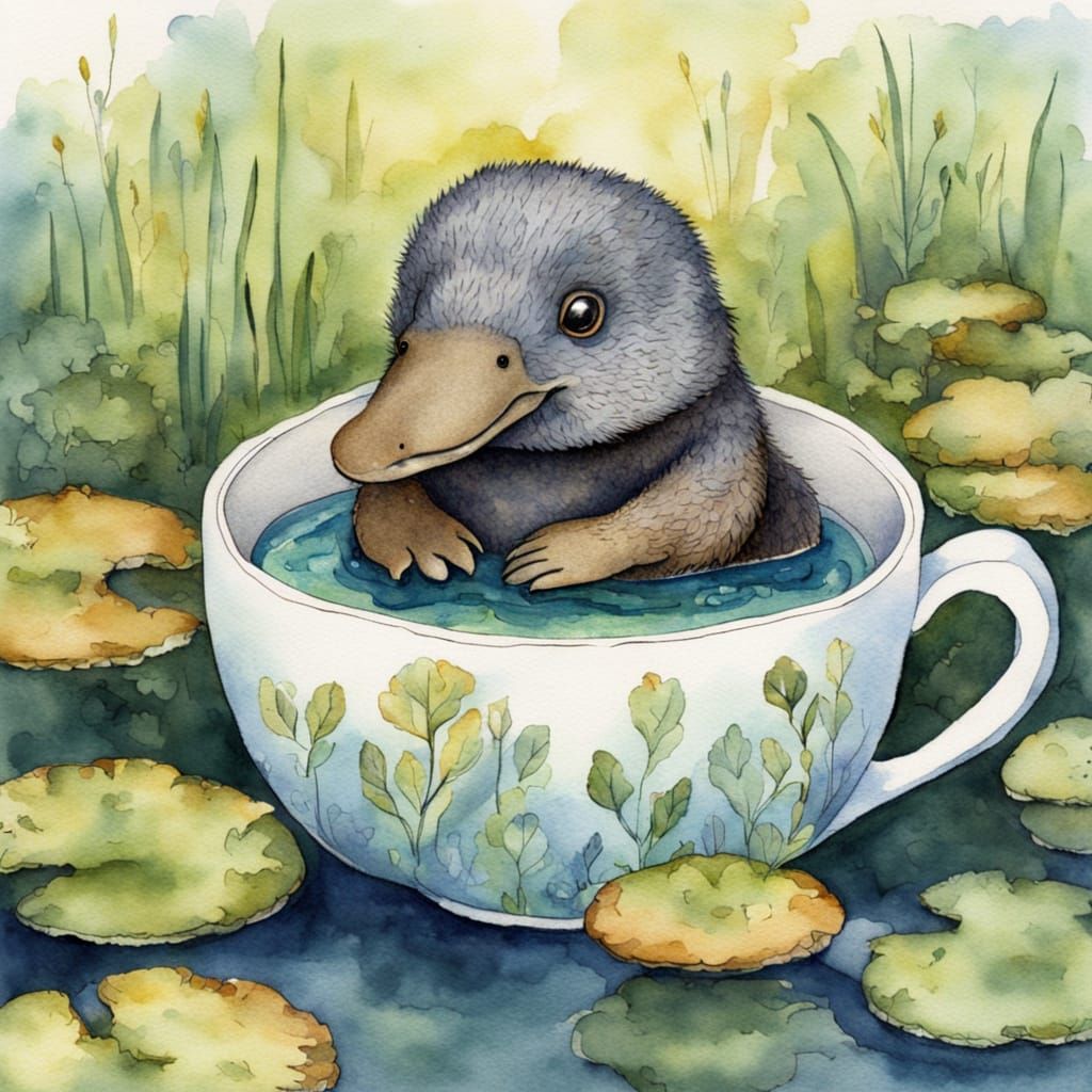 Surreal Platypus in Whimsical Teacup Scene