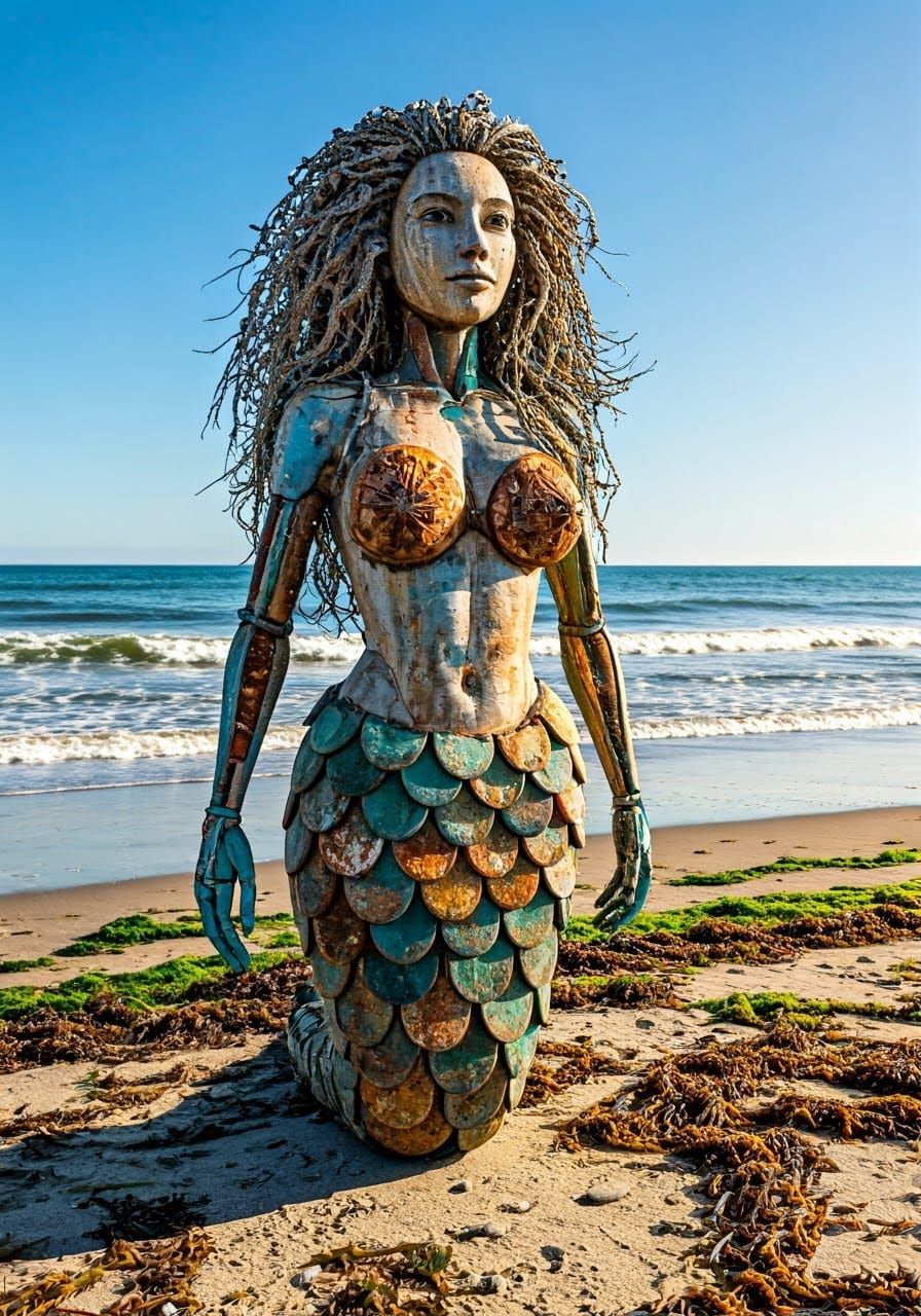 Majestic Mermaid Sculpture Made of Ocean Trash