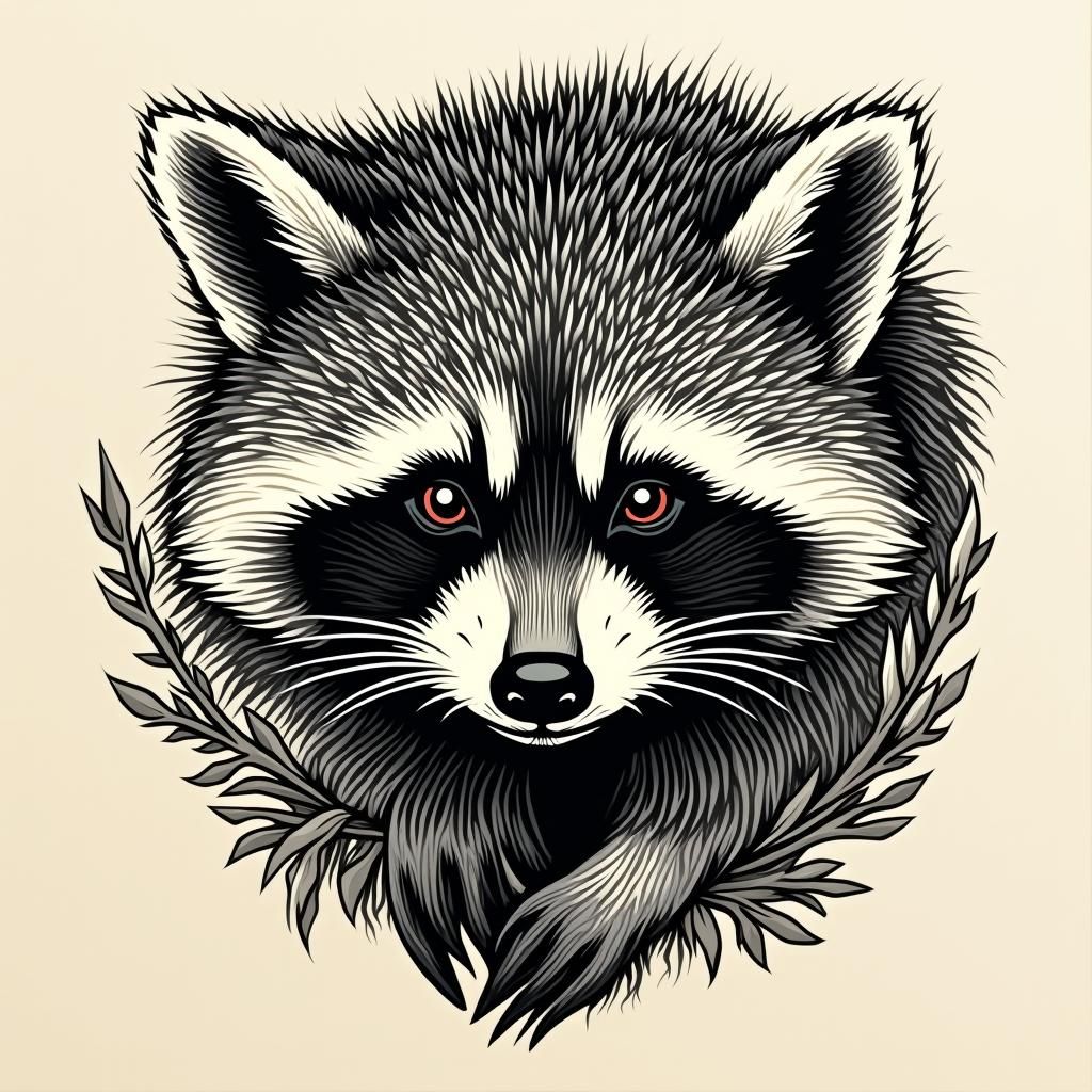 wood engraving inspired Tattoo. raccoon tattoo. woodcut, lin...