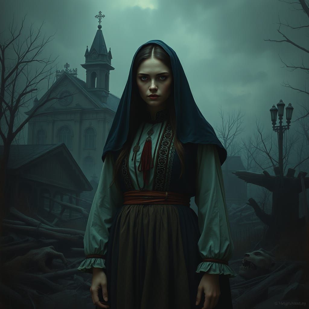 Ukrainian Woman in War-Torn Landscape, Doré Style