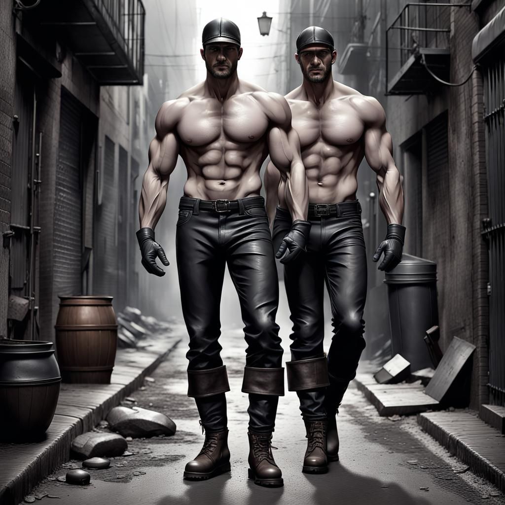 Hyperrealistic Photo of Muscular Men in Alleyway