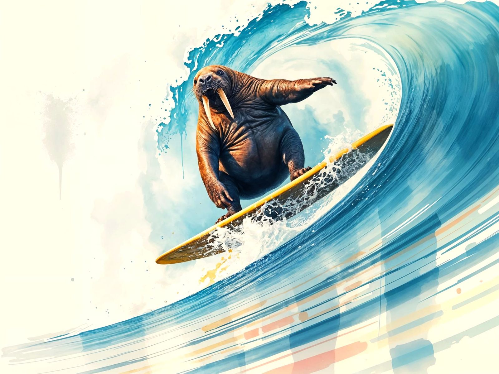 Walrus Surfs Majestic Waves in Vibrant Watercolour Style