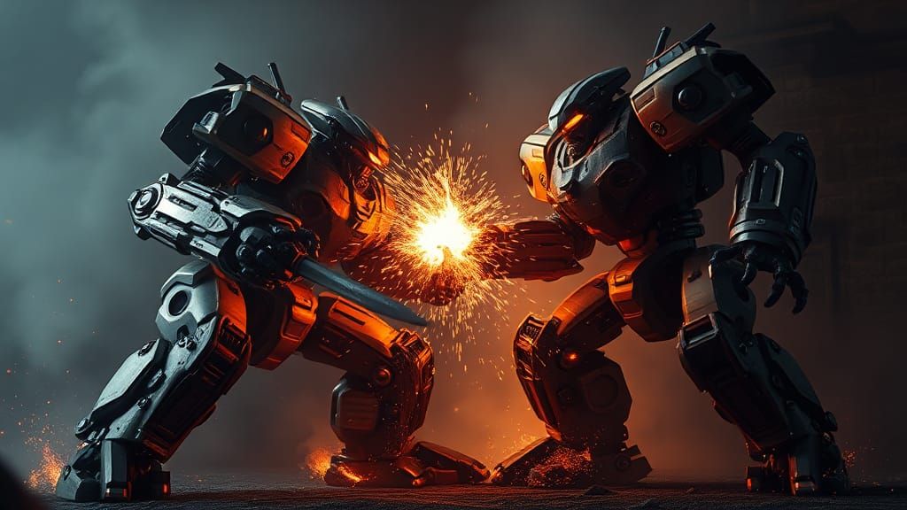 Two Kung Fu Karate Street Fighting giant mecha robots are locked in a fierce battle. The robots look extremely different...