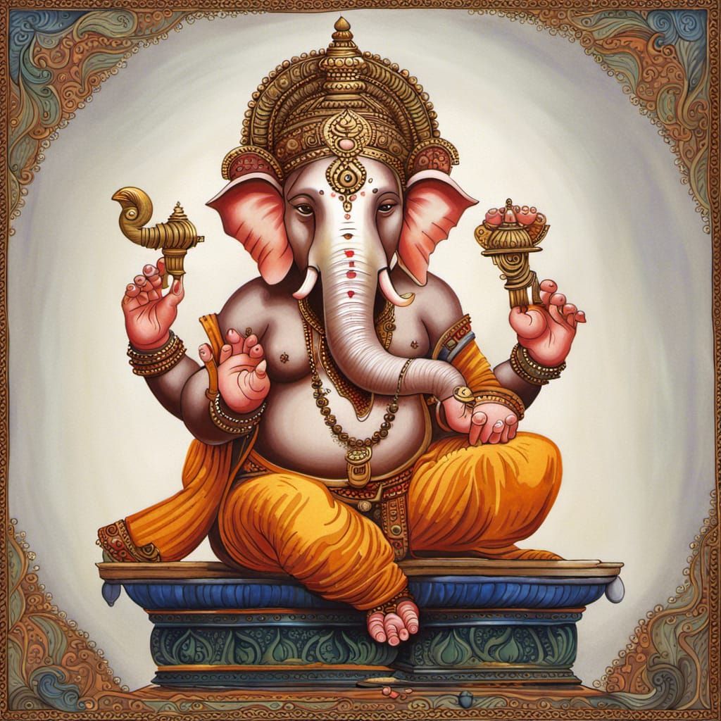 Detailed Gouache Painting of Ganesha