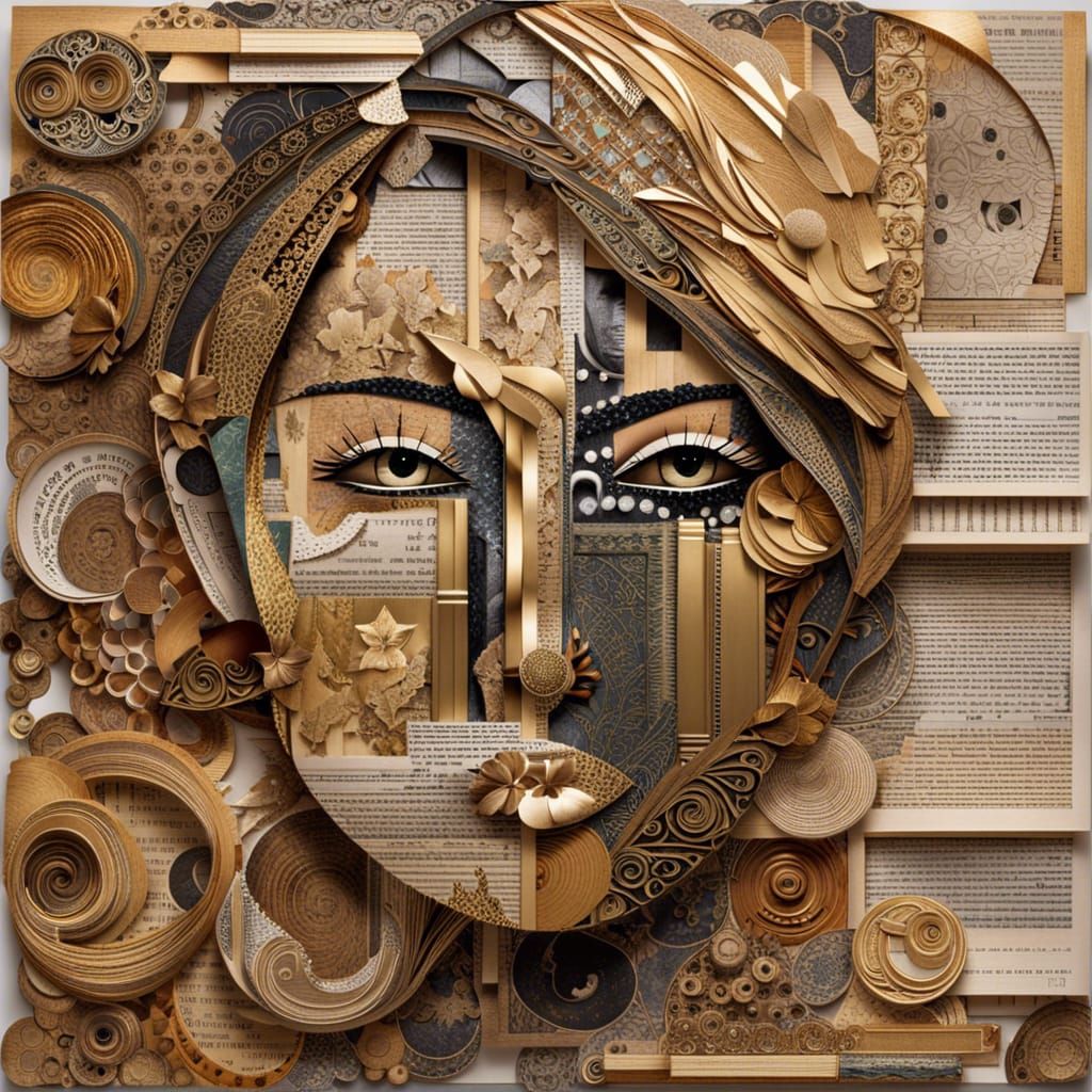 Detailed Mixed Media Collage Art with Golden Filigree